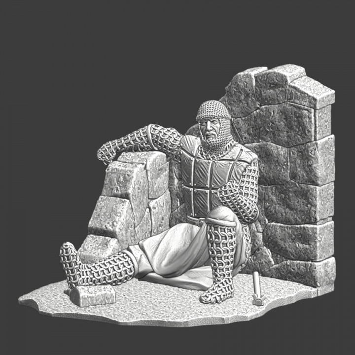 Wounded knight lying wounded in small ruin image