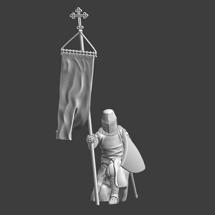 Medieval Knight kneeling with crusader banner