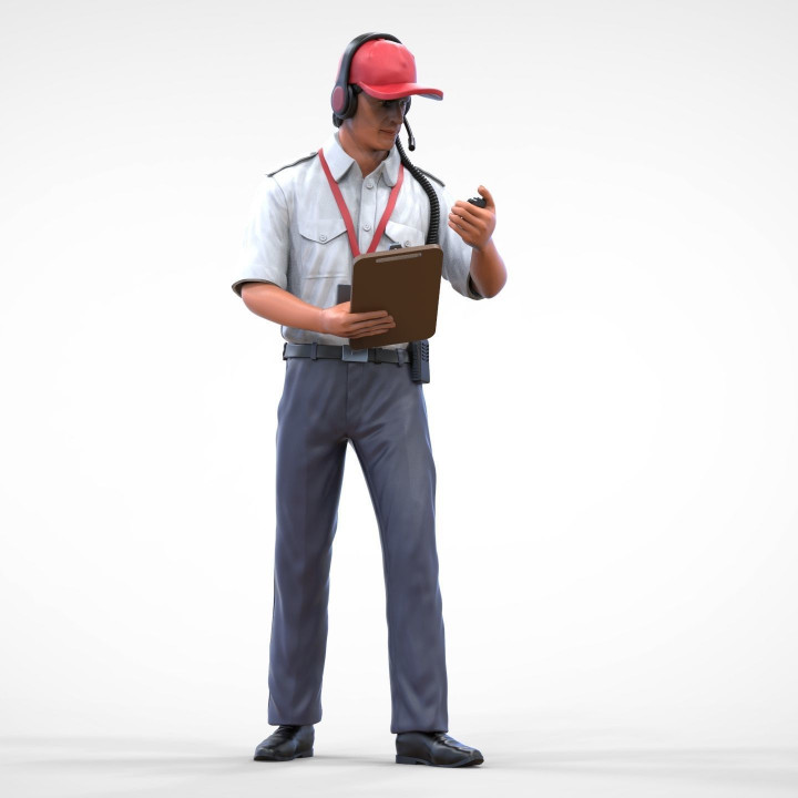 Race manager or pit member with stopwatch and clipboard 3D print model image