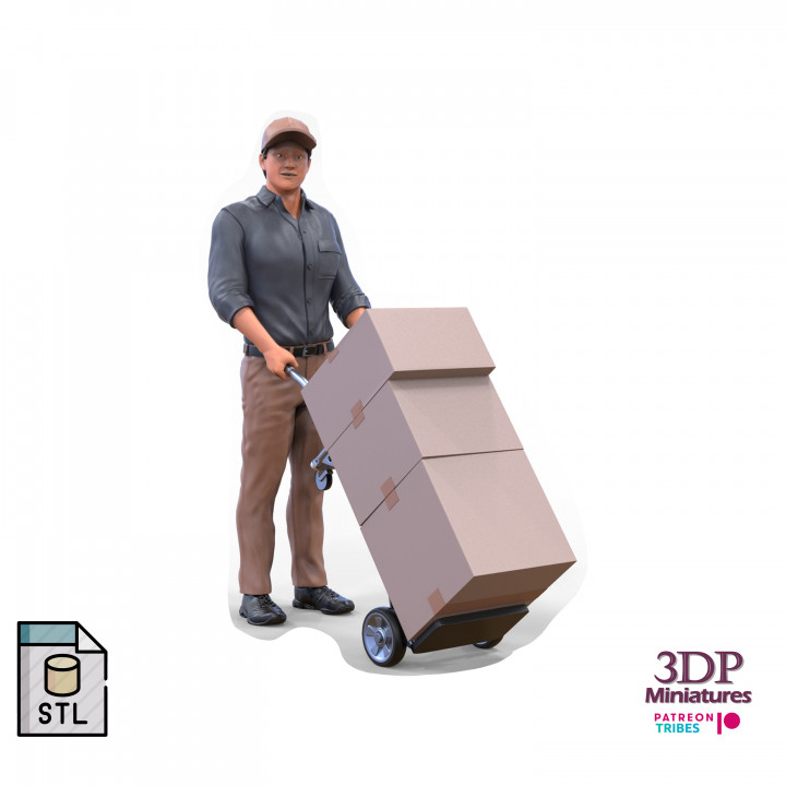 Package delivery guy with hand cart or construction worker 3D print model