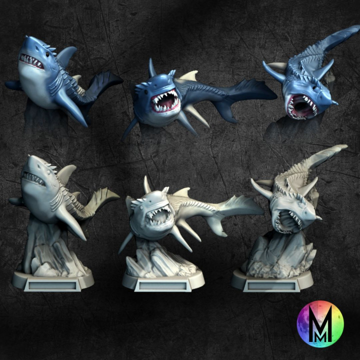 Sharks Set - Set of three Glacier Sharks and 5e Stat blocks ( three shark models ) image