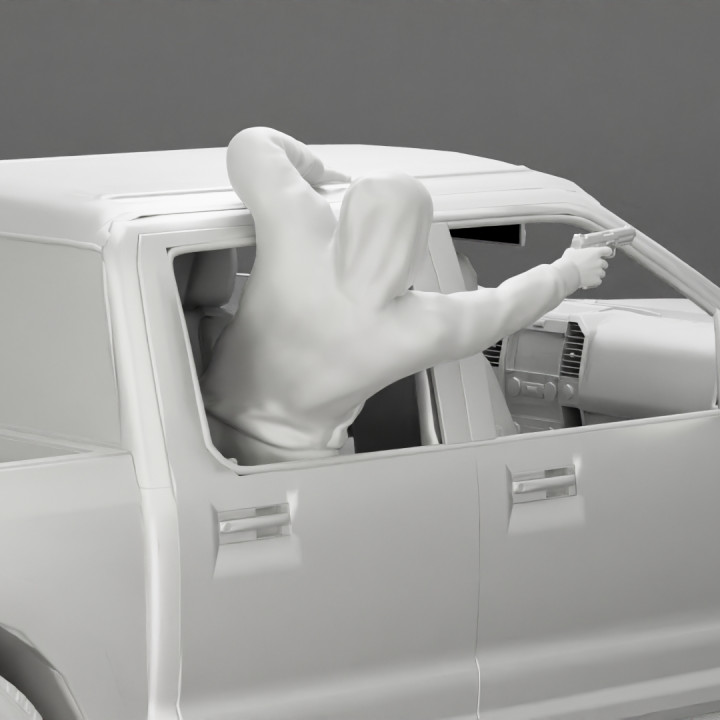 3D Printable Gangster man in hoodie shooting gun leaning out the window of the car by 3DGeschaft Miniatures Figures