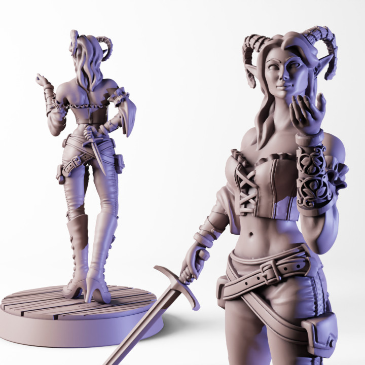 Tiefling Rogue | Two Poses & Tail/No Tail Options|  RPG Hellspawn Hero Mini With Sword And Knife Options For Tabletop Games & Skirmish Wargames