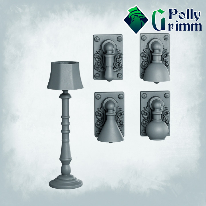 Fantasy miniatures for tabletop games. Lamps set. Small things to put on table and walls image