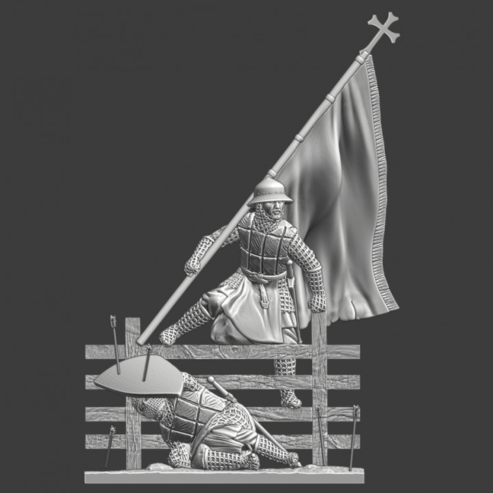 Medieval sergeant advancing with large banner - scene image