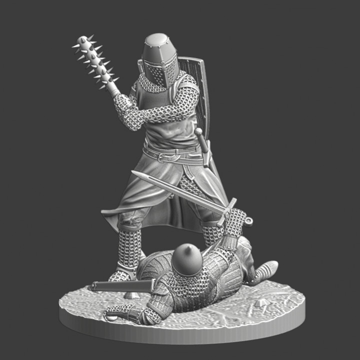 Medieval knight with spiked club fight downed russian warrior image