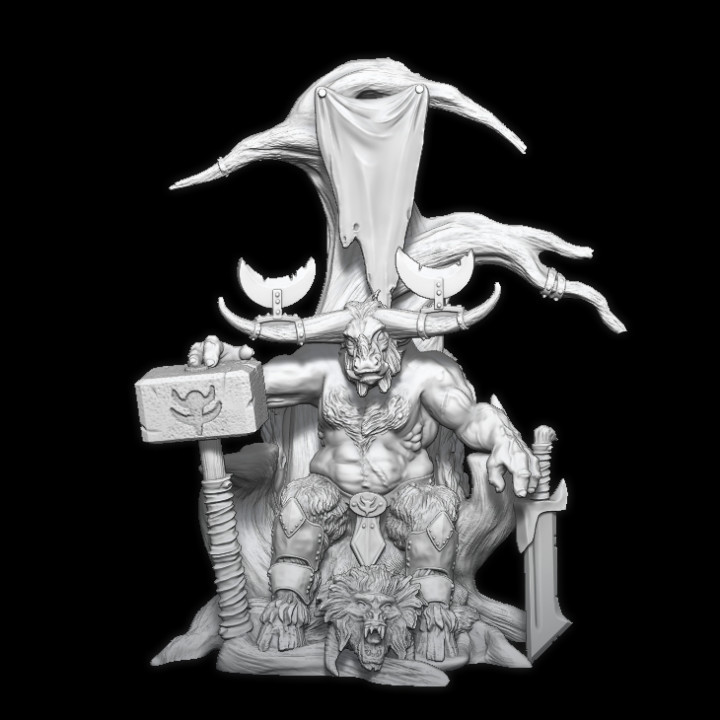 Bstmn17: Part 1- Clovis Minotaur Lord on throne (pre-supported) Part 1 of a larger diorama. image