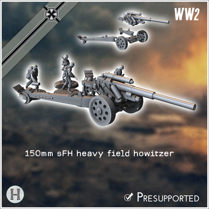 150mm 15,0 sFH schwere Feldhaubitze 18 Immergrün German heavy field howitzer (with 5 crew figures) - WW2 German Flames of War Bolt Action Command Blitzgrieg image
