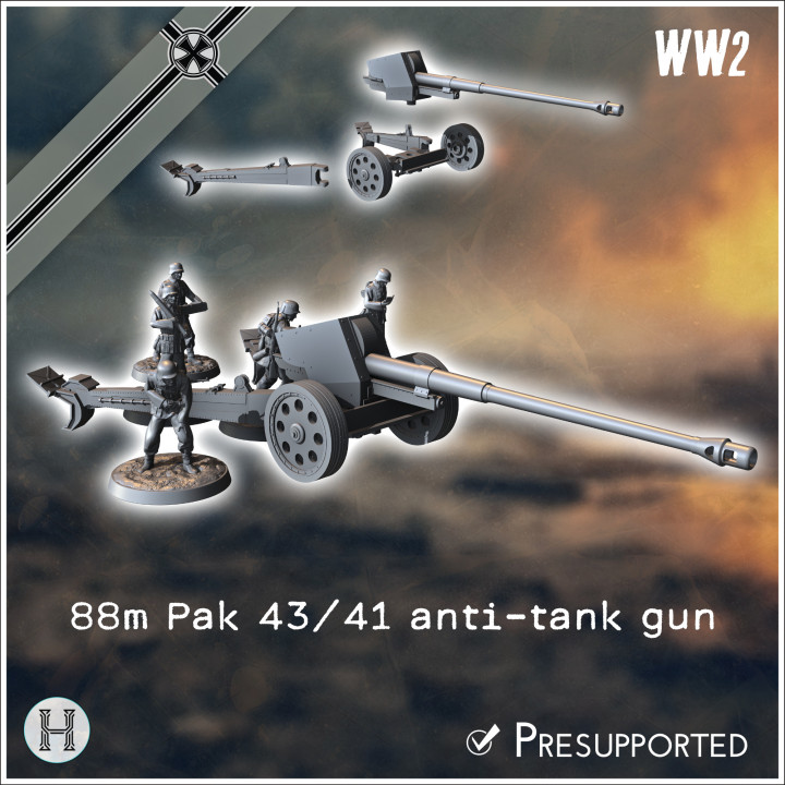 88 mm 8,8 Pak 43/41 German anti-tank gun (with 5 crew figures) - 28mm 15mm Axis WW2 Germany Late Berlin Eastern Western Artillery Heavy AT image