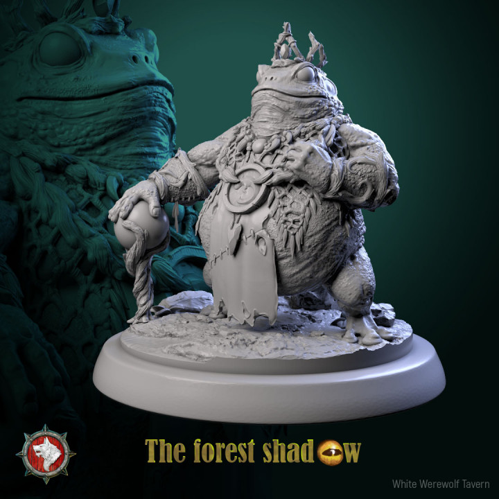 Frog King heroic miniature pre-supported + dnd 5e stats block image