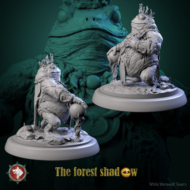 Frog King heroic miniature pre-supported + dnd 5e stats block image