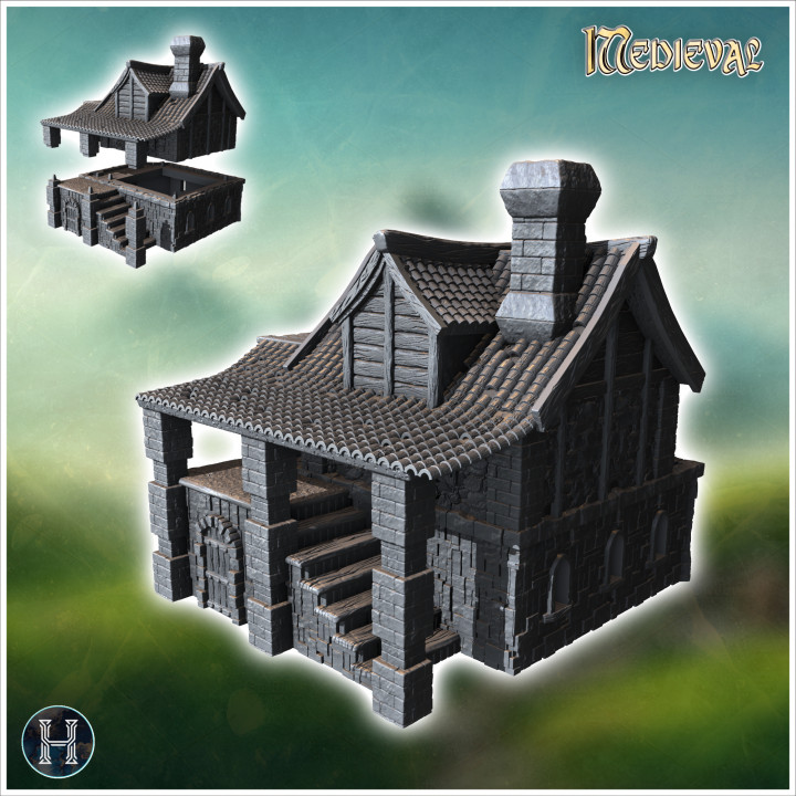 Medieval house with stone staircase, pillars and fireplace (41) - Medieval Gothic Feudal Old Archaic Saga 28mm 15mm RPG