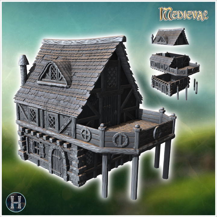 Medieval building with fireplace and large terrace on wooden platform (42) - Medieval Gothic Feudal Old Archaic Saga 28mm 15mm RPG