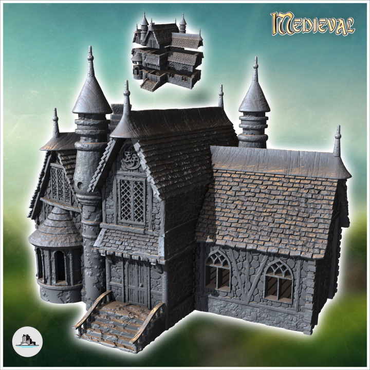 Large medieval manor house with entrance staircase and multiple roof towers (31) - Medieval Gothic Feudal Old Archaic Saga 28mm 15mm RPG