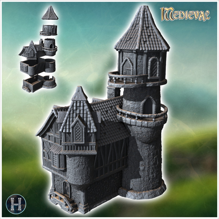 Large medieval building with high balcony tower and half-timbered walls (39) - Medieval Gothic Feudal Old Archaic Saga 28mm 15mm RPG