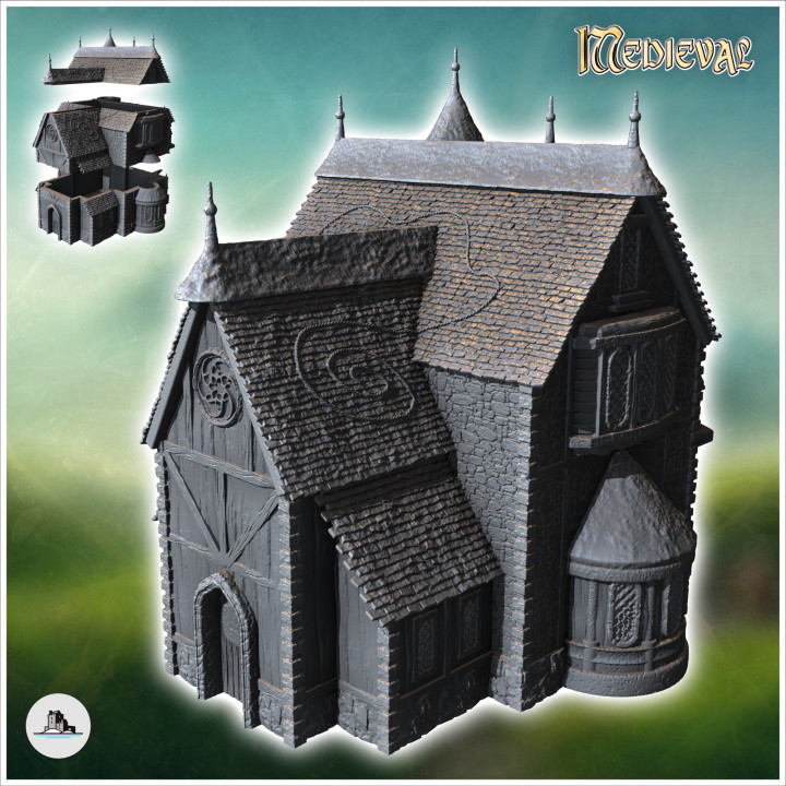 Medieval house with rounded bay window and spiked roof (32) - Medieval Gothic Feudal Old Archaic Saga 28mm 15mm RPG