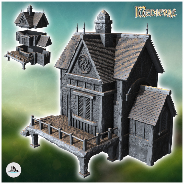 Medieval house with raised access platform to door and fireplace (33) - Medieval Gothic Feudal Old Archaic Saga 28mm 15mm RPG