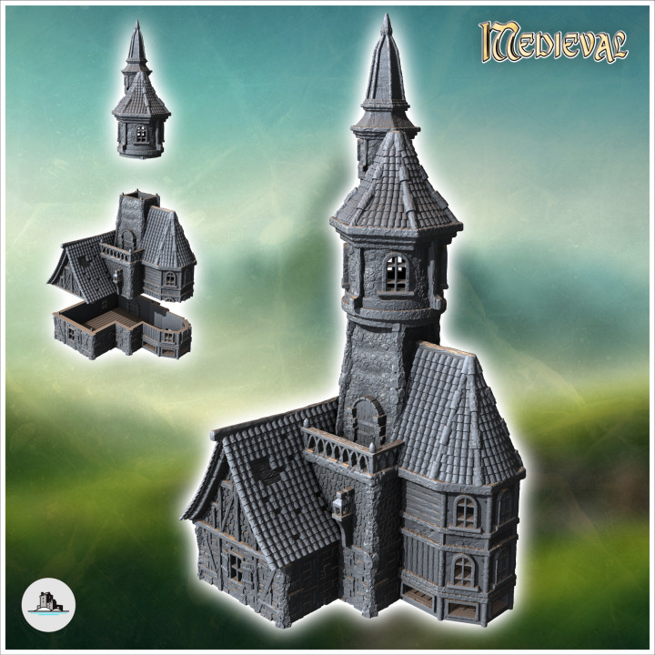 Large medieval house with high tower and balcony (34) - Medieval Gothic Feudal Old Archaic Saga 28mm 15mm RPG image
