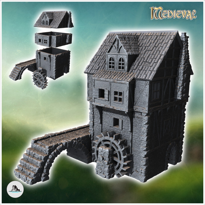 Medieval mill with stone bridge and outdoor fireplace (3) - Medieval Gothic Feudal Old Archaic Saga 28mm 15mm RPG