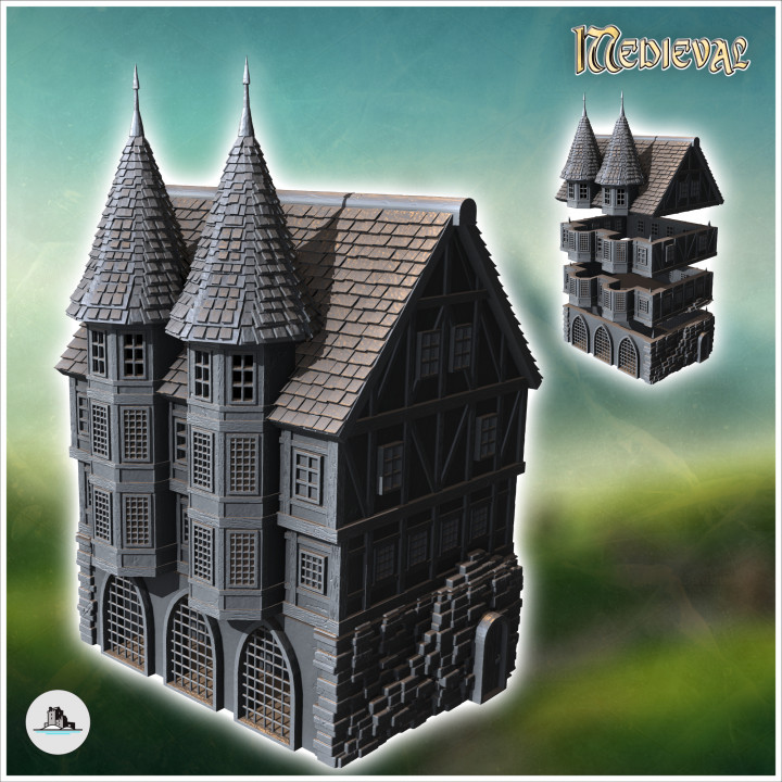 Large medieval building with double conical-roofed towers and stone base (6) - Medieval Gothic Feudal Old Archaic Saga 28mm 15mm RPG