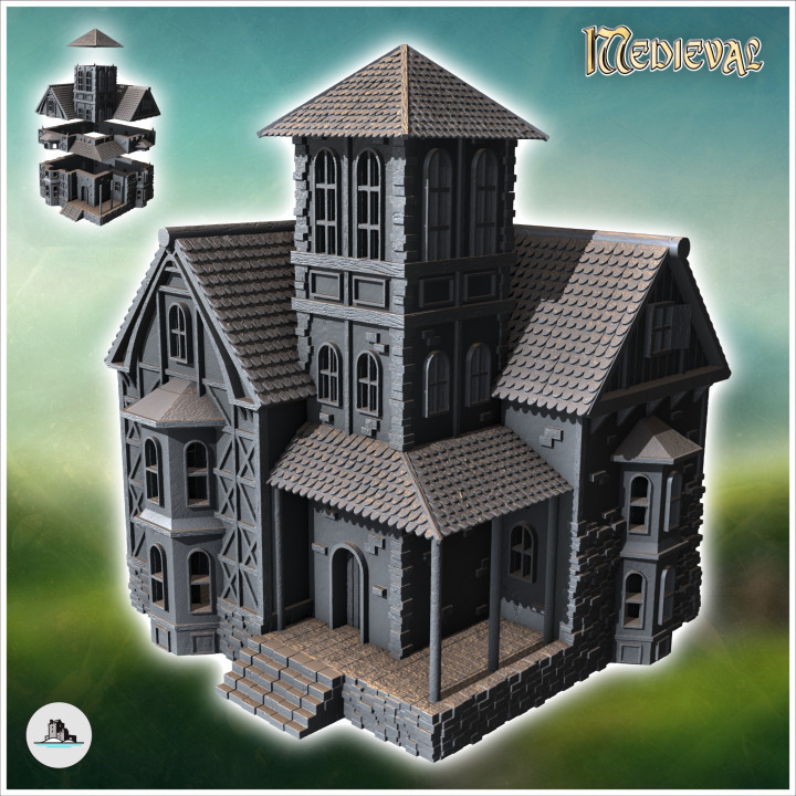 Large medieval house with entrance platform and tiled roof (1) - Medieval Gothic Feudal Old Archaic Saga 28mm 15mm RPG