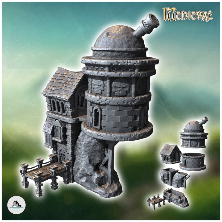 Medieval observatory with dome and wooden pontoon (33) - Medieval Fantasy Magic Feudal Old Archaic Saga 28mm 15mm