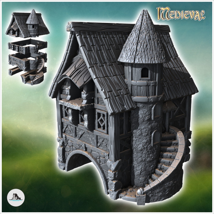 Medieval house with arched passage and circular staircase (35) - Medieval Fantasy Magic Feudal Old Archaic Saga 28mm 15mm