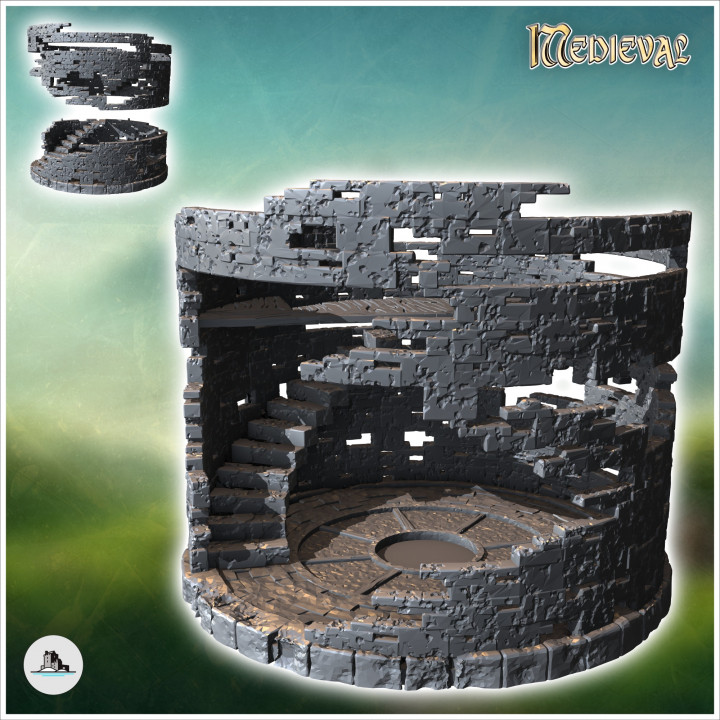 Round Stone Ruin with Internal Staircase and Patterned Floor (36) - Medieval Fantasy Magic Feudal Old Archaic Saga 28mm 15mm image