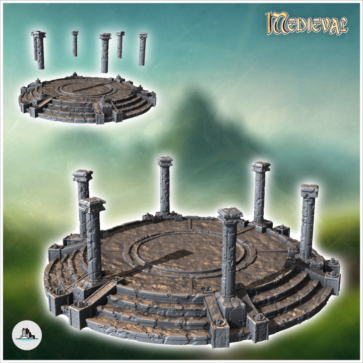 Stone altar on platform with columns and stair treads (37) - Medieval Fantasy Magic Feudal Old Archaic Saga 28mm 15mm