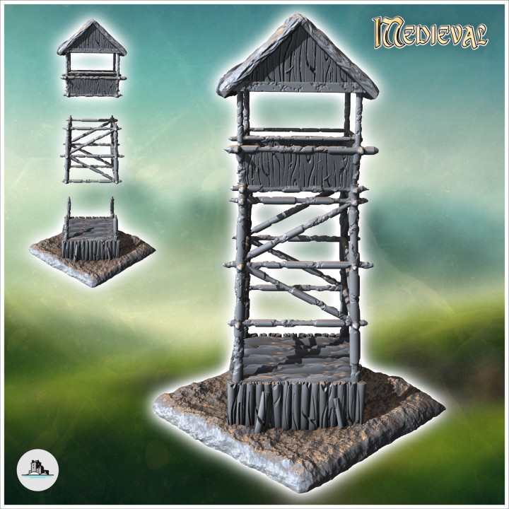 Medieval wooden post on platform with guard post at height (38) - Medieval Fantasy Magic Feudal Old Archaic Saga 28mm 15mm image