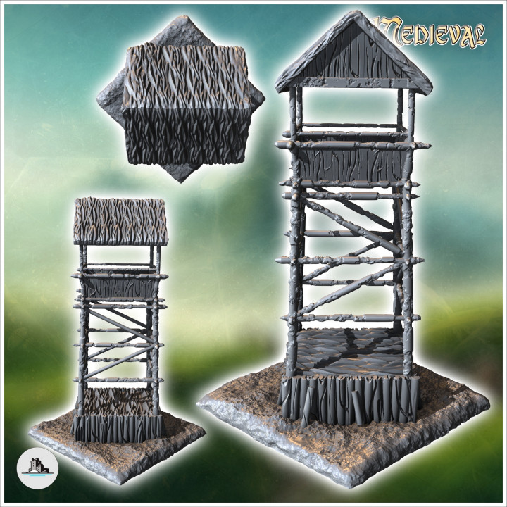 Medieval wooden post on platform with guard post at height (38) - Medieval Fantasy Magic Feudal Old Archaic Saga 28mm 15mm image