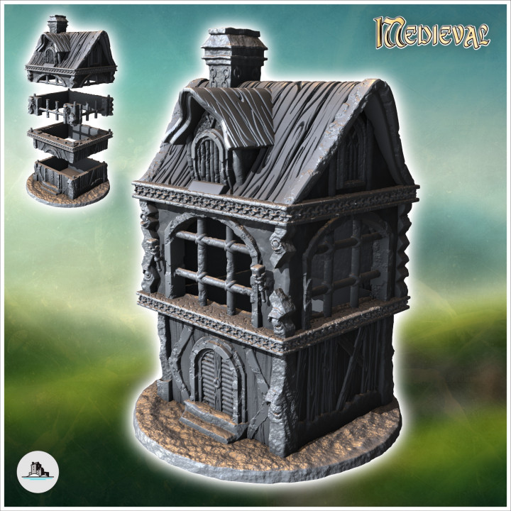 Medieval house with two floors, fireplace and large windows (41) - Medieval Fantasy Magic Feudal Old Archaic Saga 28mm 15mm