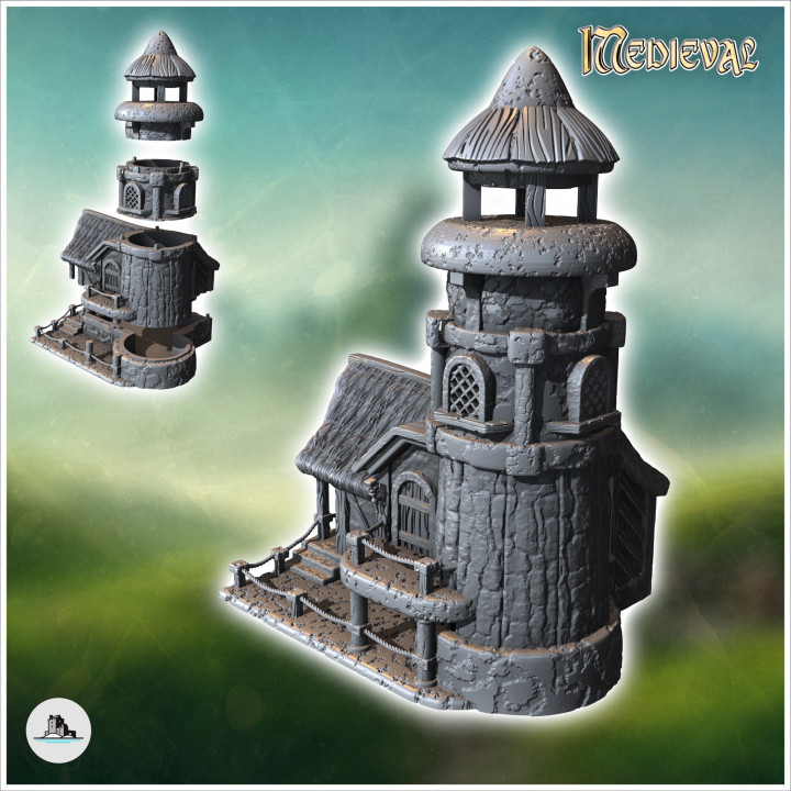 Round medieval lighthouse with annex house and access staircase (42) - Medieval Fantasy Magic Feudal Old Archaic Saga 28mm 15mm