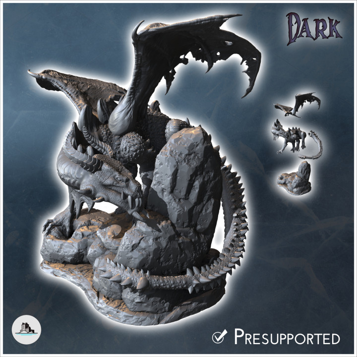 Spiked winged dragon sitting on a pile of gold with coin box (32) - Medieval Dark Chaos Animal Beast Undead Tabletop Terrain image