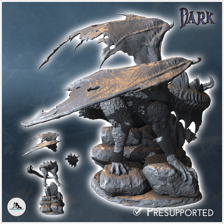 Spiked winged dragon sitting on a pile of gold with coin box (32) - Medieval Dark Chaos Animal Beast Undead Tabletop Terrain image
