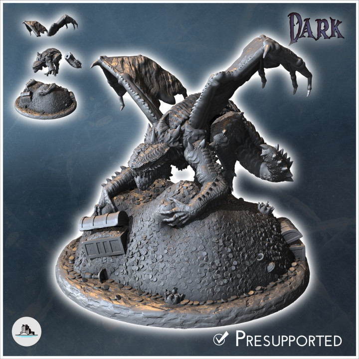 Double-horned spiked dragon wrapped around a rocky peak with long tail (33) - Medieval Dark Chaos Animal Beast Undead Tabletop Terrain image