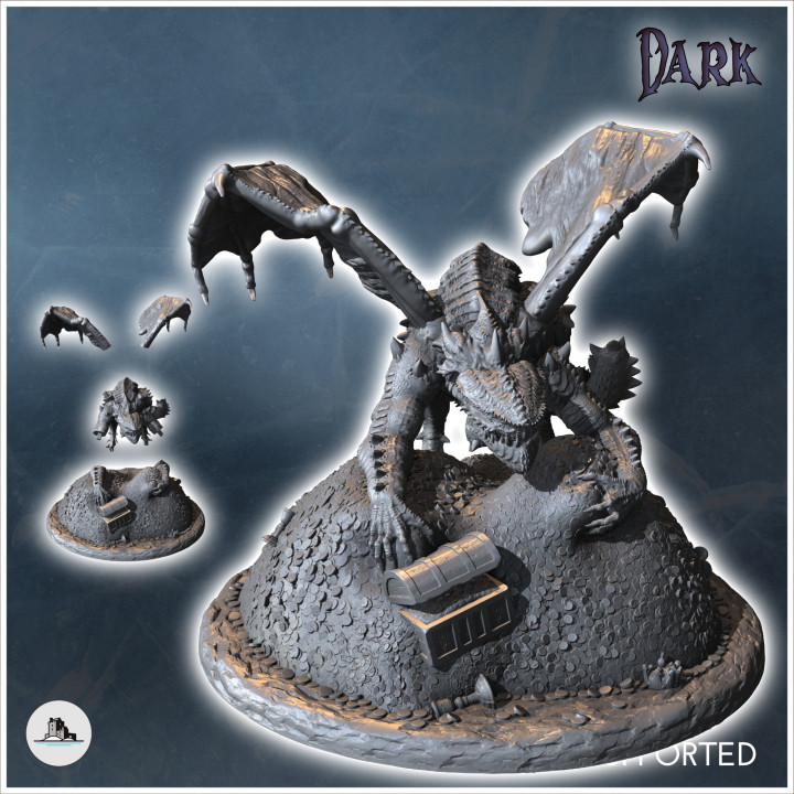 Double-horned spiked dragon wrapped around a rocky peak with long tail (33) - Medieval Dark Chaos Animal Beast Undead Tabletop Terrain image