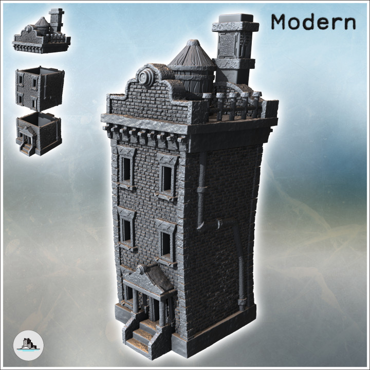 Two-storey steampunk brick building with fireplace, access staircase and outside pipes (1) - Medieval Gothic Feudal Old Archaic Saga 28mm 15mm RPG