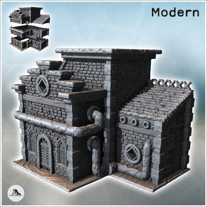 Steampunk brick building with external pipes and tiled roof (5) - Future Sci-Fi SF Post apocalyptic Tabletop Scifi 28mm 15mm 20mm Modern