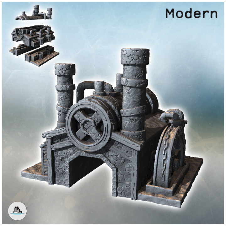 Steampunk factory with large arch and double chimneys (6) - Future Sci-Fi SF Post apocalyptic Tabletop Scifi 28mm 15mm 20mm Modern