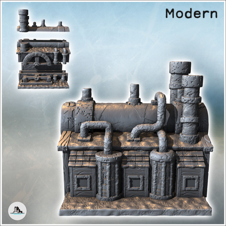 Steampunk factory with large arch and double chimneys (6) - Future Sci-Fi SF Post apocalyptic Tabletop Scifi 28mm 15mm 20mm Modern image