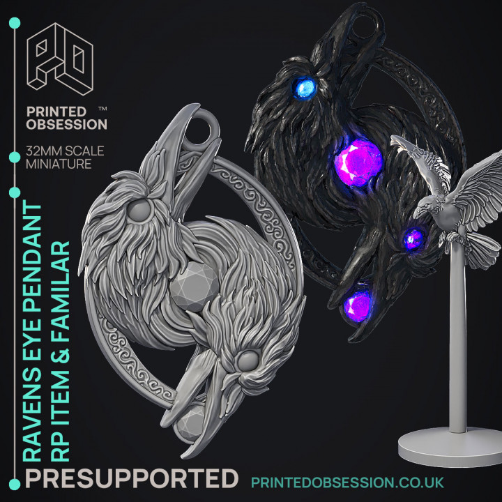 Ravens Eye Pendant - RP item & Familar - PRESUPPORTED - Illustrated and Stats - 32mm scale