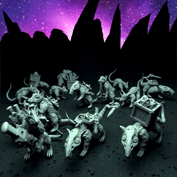 Giant/Dire rats including carrying pack rats and giant rat squires (multiple models in varied poses) image