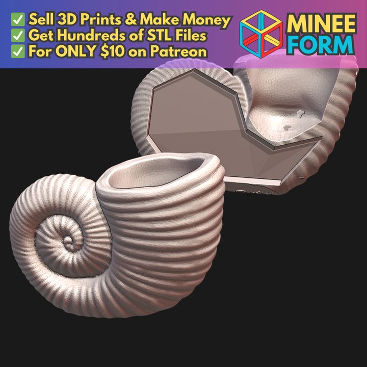 Prehistoric Sea Snail Shell Vase with Hidden Compartment for Hiding Valuables (Requires Pausing During Print) MineeForm FDM 3D Print STL File