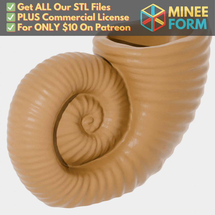 Prehistoric Sea Snail Shell Vase with Hidden Compartment for Hiding Valuables (Requires Pausing During Print) MineeForm FDM 3D Print STL File image