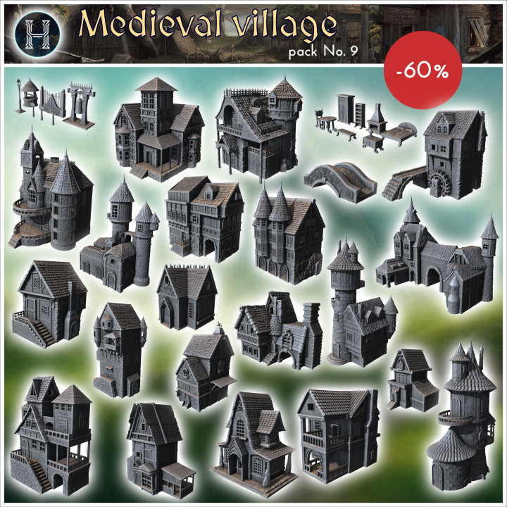 Medieval village pack No. 9 - Medieval Gothic Feudal Old Archaic Saga 28mm 15mm RPG image