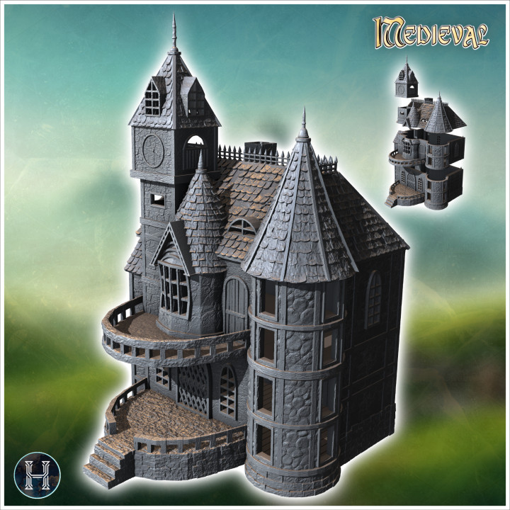 Large medieval residence with wide arched balcony and stone clock tower (10) - Medieval Gothic Feudal Old Archaic Saga 28mm 15mm RPG