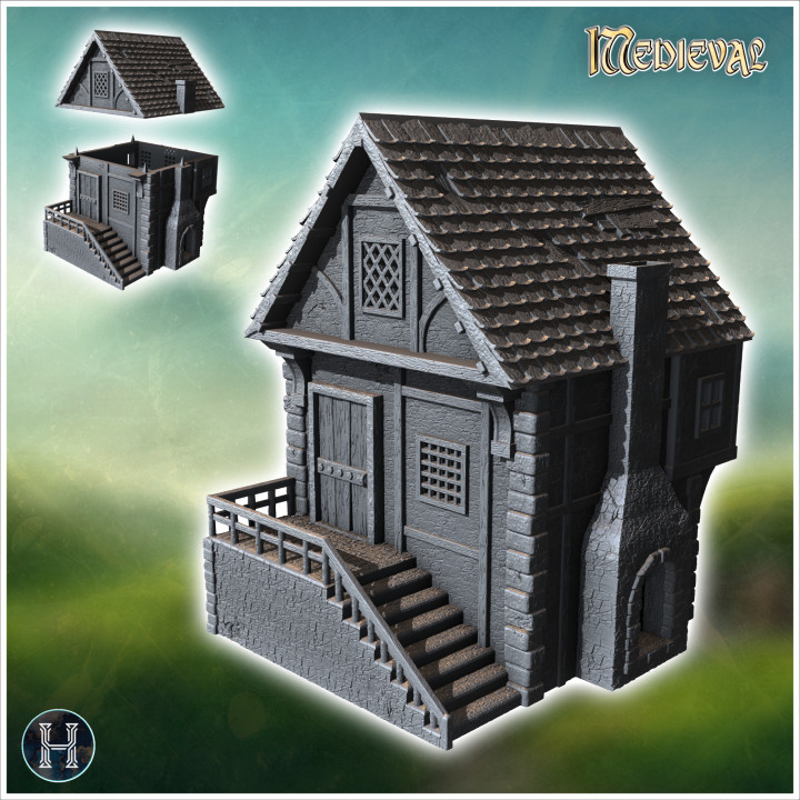 Medieval house with outdoor fireplace, half-timbered walls and access staircase with railing (11) - Medieval Gothic Feudal Old Archaic Saga 28mm 15mm RPG image