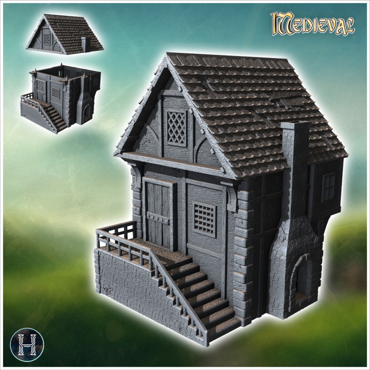 Medieval house with outdoor fireplace, half-timbered walls and access staircase with railing (11) - Medieval Gothic Feudal Old Archaic Saga 28mm 15mm RPG