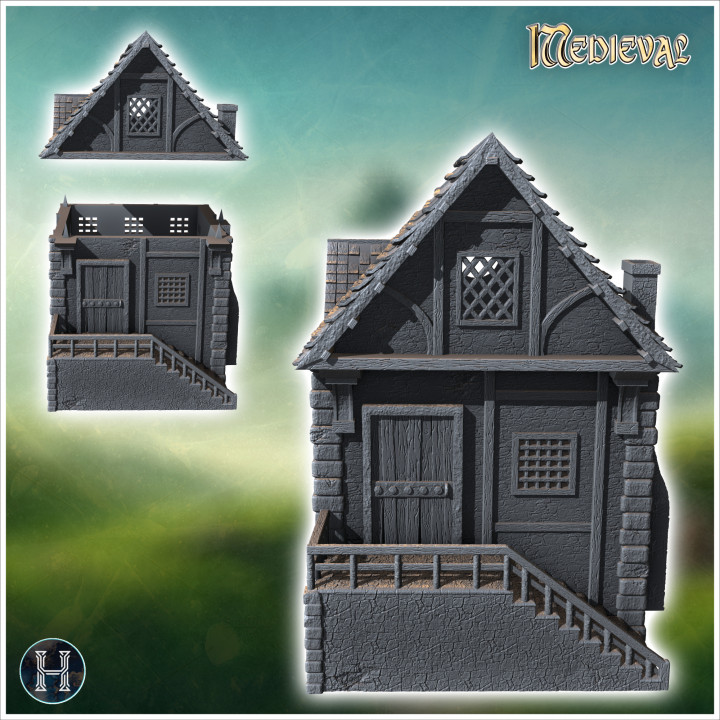 3D Printable Medieval house with outdoor fireplace, half-timbered walls ...